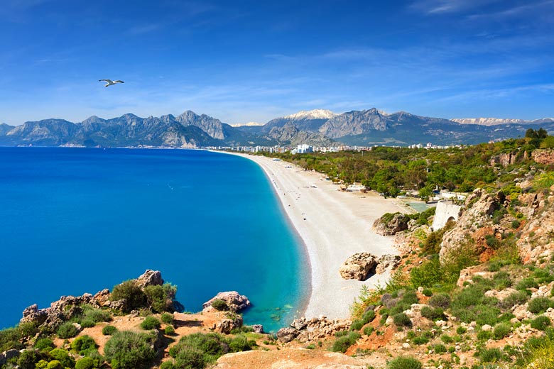 Konyaalti Beach hemmed by the Taurus Mountains, Turkey