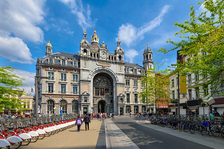 The ornate façade of Antwerp Central railway station