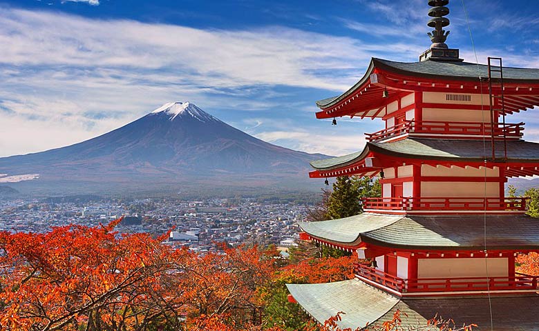 Autumn in Japan at the Chureito pagoda with Mount Fuji beyond