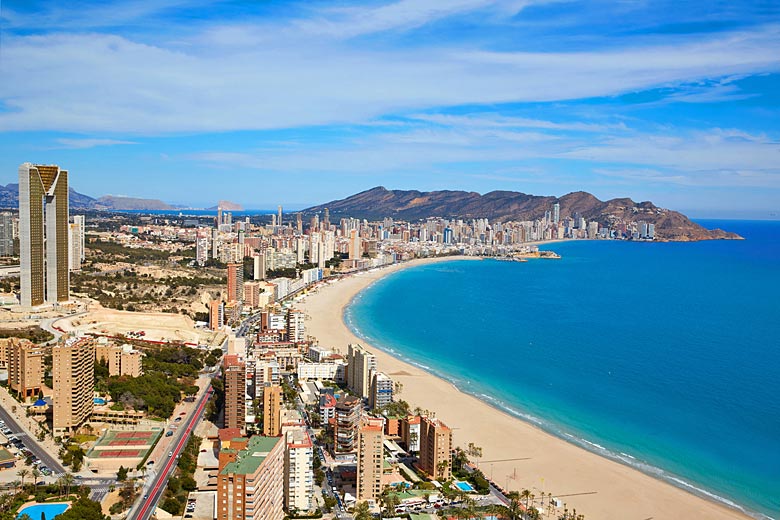 One of the two massive beaches in Benidorm, Costa Blanca, Spain