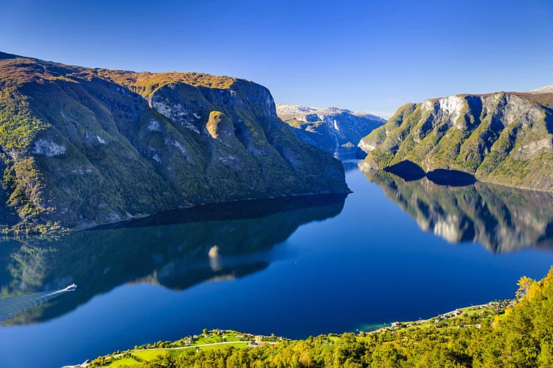 Cruise boat heading up the Sognefjord near Bergen