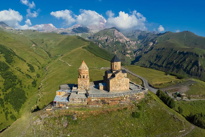 The remote Gergeti Trinity Church near Mount Kazbek