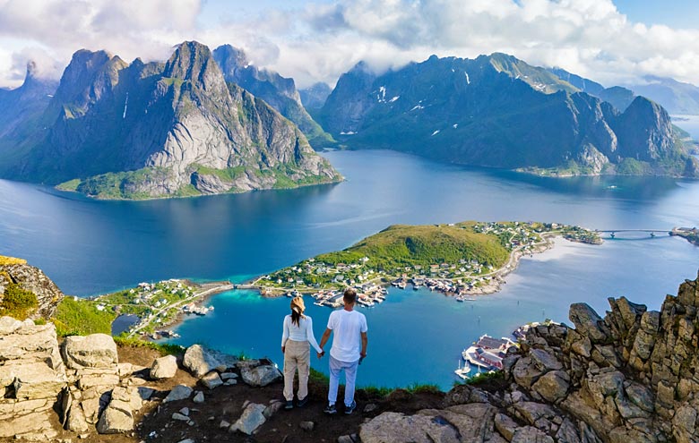 Hiking on Reinebringen in the Lofoten Islands, Norway
