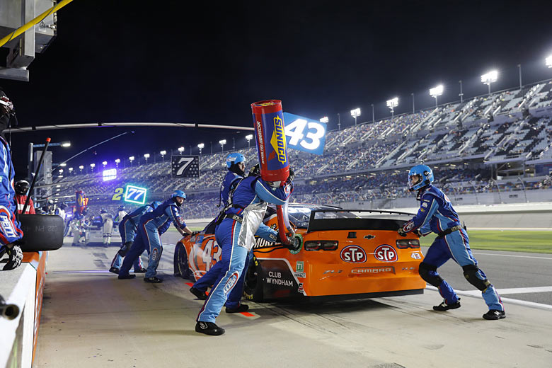 Action in the pit lane at Daytona International Speedway