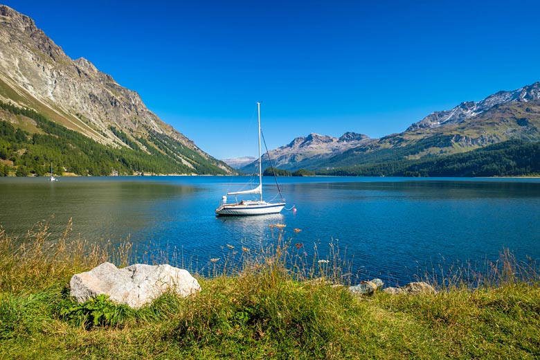 Clear day in September on Lake Sils near St Moritz, Switzerland