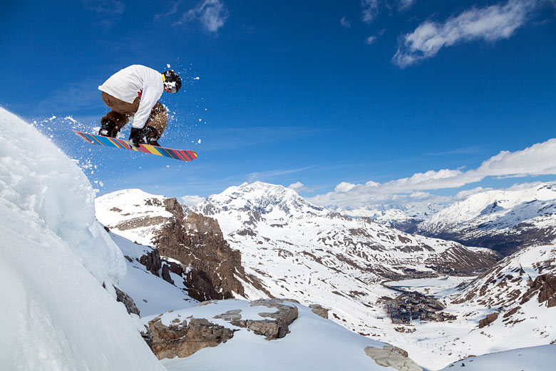 Snowboarding on the Grande Motte above Tignes