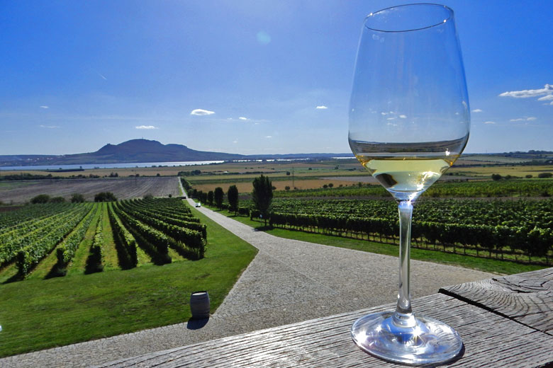 Enjoy a cool white wine at Sonberk while looking across to the Palavá Hills