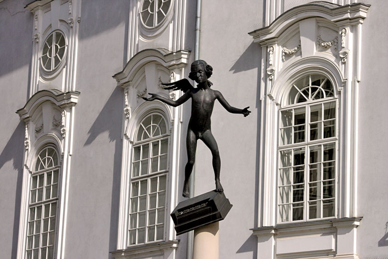 The unusual statue of Mozart outside the Reduat Theatre