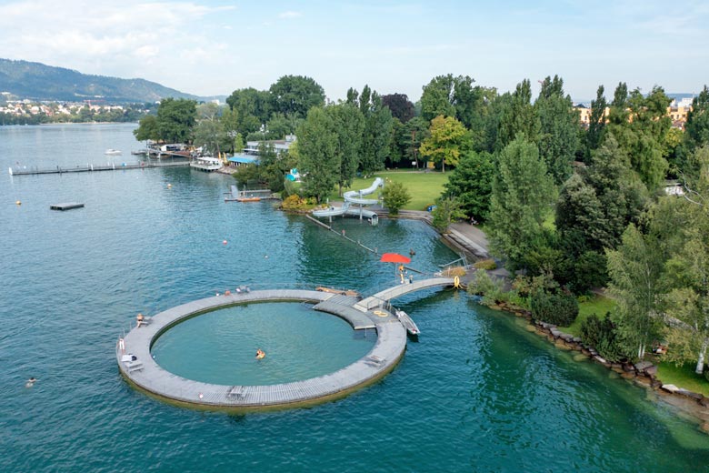 The circular pool in Lake Zurich at Strandbad Tiefenbrunnen