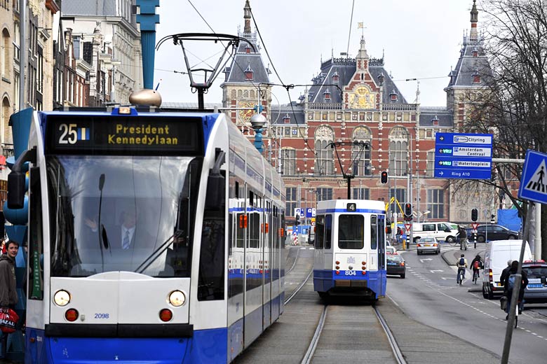 Trams on the Damrak, Amsterdam