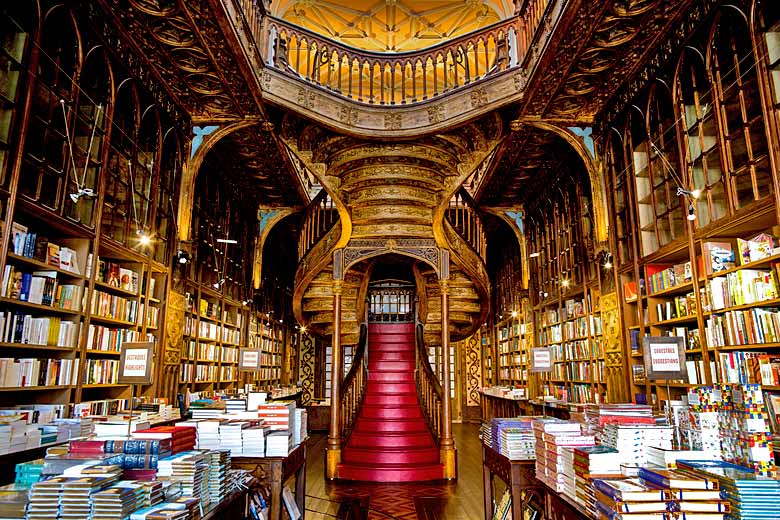 Intricate woodwork in the interior of Livario Lello bookstore