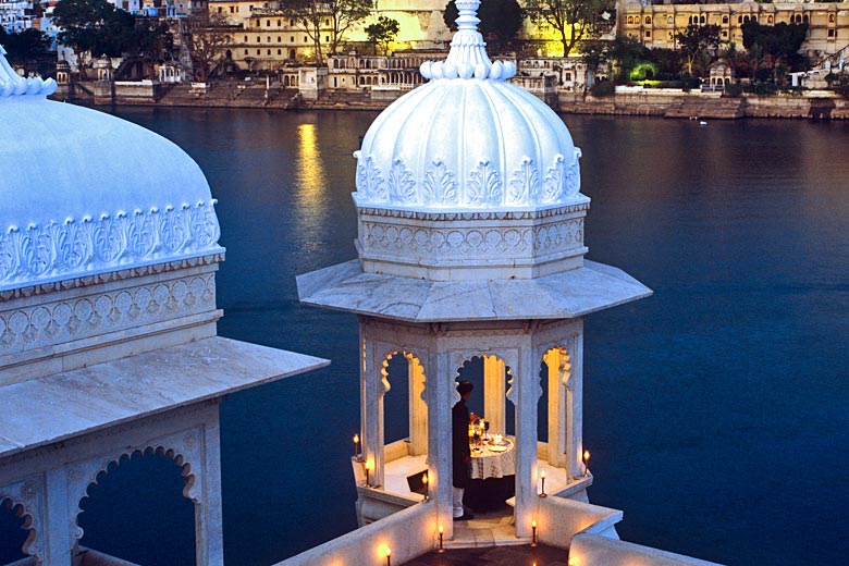 Candlelit honeymoon dinner in a palace - photo courtesy of Taj Lake Palace Hotel, Udaipur Rajasthan